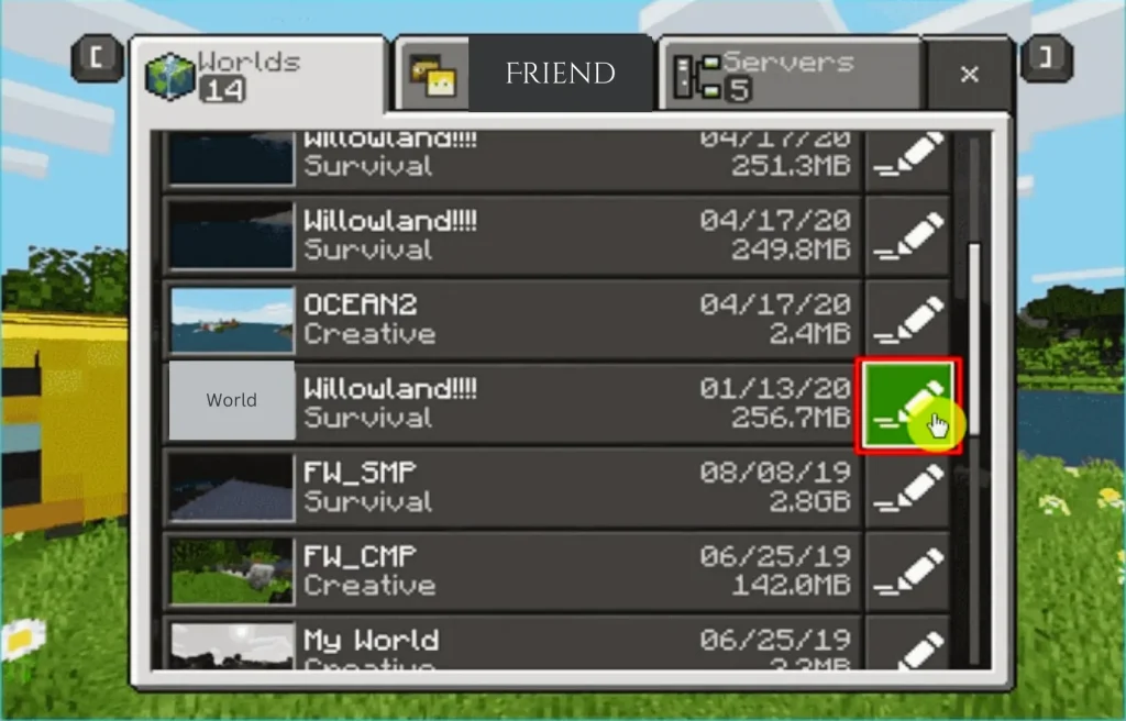 Navigate to the Minecraft AKP world
Where you want to back up. Then, press the pencil icon to open settings.